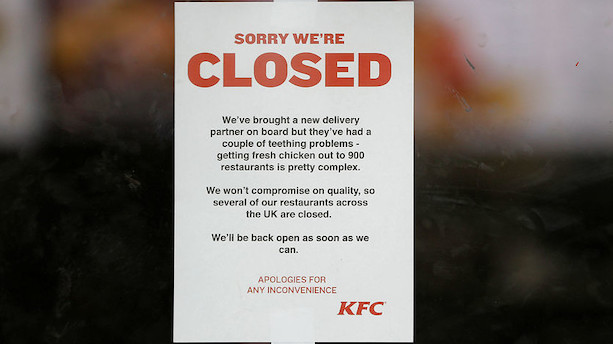 KFC løber tør for kylling: Lukker 900 butikker i Storbritannien